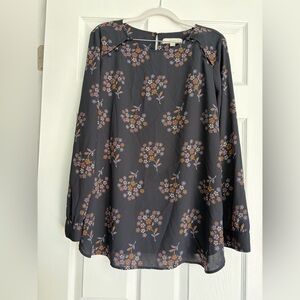 LOFT Navy Floral Blouse with Orange and Purple Accents